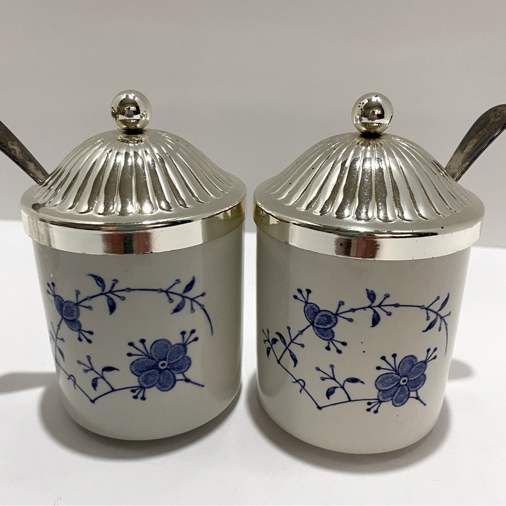 VTG Leonard Silver Sheffield England Condiment Set Blue & White w/Spoons & Stand - Picture 3 of 11
